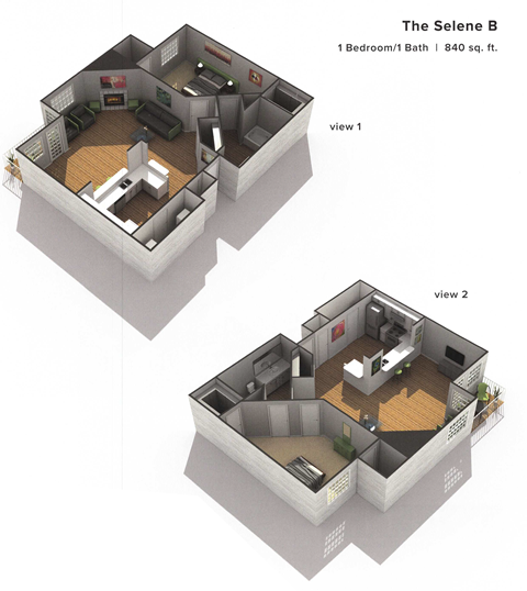 Floor plan for 1 bed, 1 bath, 840 sqft